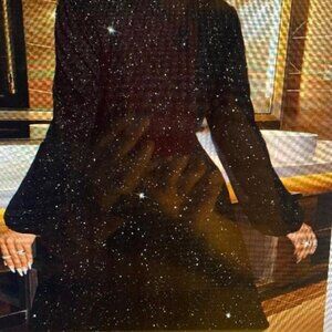 Elegant Surplice Neck Lantern Sleeve Chain Embellished Dress